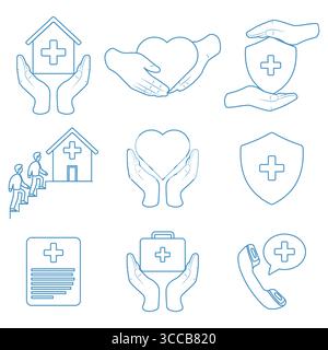 Lineare Vektorsatz von medizinischen und Healthcare Umrisssymbolen Clean Stroke Style Illustrationen mit Händen halten Herz, Klinikgebäude, erste Hilfe Stock Vektor