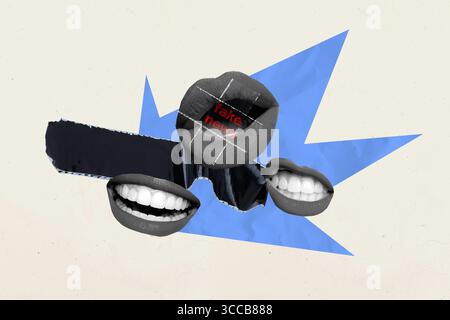 Skizze 3D-Fotocollage Trendkunstwerk von Mund sprechen Rede Gerücht kreative Presse Propaganda gefälschte Werbung Manipulation Desinformation Stockfoto