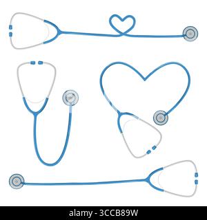 Set aus vier klaren, flachen Umrisssymbolen mit einem Stethoskop in verschiedenen Konfigurationen. Klassisches abgewinkeltes Design, gerade horizontal Stock Vektor