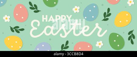 Fröhliche Ostergrüße Banner mit bunten Eiern und floralen Elementen - Vektor-Illustration Stock Vektor
