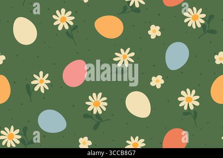 Nahtloser Frühling, ostermuster mit bunten Eiern und Gänseblümchen Blumen - Vektor-Illustration Stock Vektor