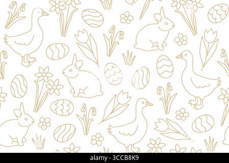 Nahtloses goldenes Ostermuster mit Hasen, Gänsen, Frühlingsblumen und Eiern - Vektor-Illustration Stock Vektor