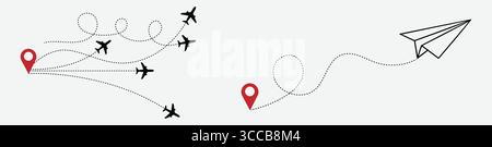 Flugzeug mit gepunkteten Linien Route Vektor | Flugzeuge mit verdrehtem, gekrümmtem, geradem gestrichelten Pfad, transparente PNG-Illustration Stock Vektor
