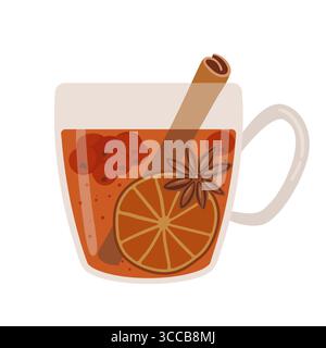 Glasbecher mit Glühwein mit Anis, Zimt, Beeren, Orange isoliert auf weißem Hintergrund. Traditionelles Getränk im Herbst und Winter. Weihnachtsbier Stock Vektor