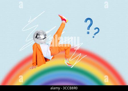 Bild voller Art 3D Pop Trend Collage des anonymen alten Mannes statt Kopf Disco Ball Tanz bunte Regenbogen Fragezeichen Nachtclub Stockfoto