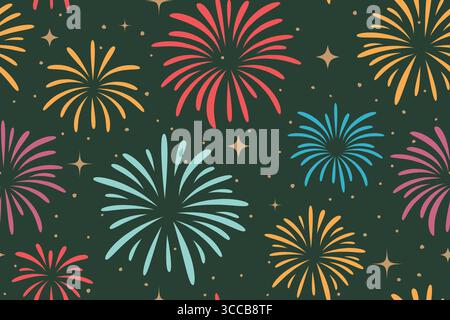 Nahtloses Silvester-, Event- und Feiertagsmuster mit Feuerwerk und Funkeln – Vektorillustration Stock Vektor