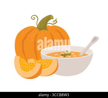 Kürbissuppe in einer Schüssel und Kürbis isoliert auf weißem Hintergrund. Traditionelle Herbst Thanksgiving Essen Vektor Illustration. Gesunde Ernährung Stock Vektor