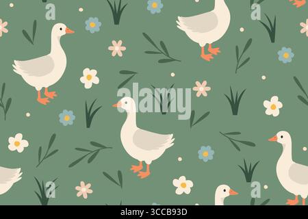 Nahtloser Frühling, ostermuster mit Gans und Blumen - Vektor-Illustration Stock Vektor
