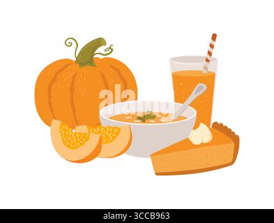 Kürbissuppe, Kuchen, Smoothie und Kürbis isoliert auf weißem Hintergrund. Illustration des Vektors für ökologische Lebensmittel im Herbst. Gesunde Ernährung. Vegetarisches Produkt Stock Vektor