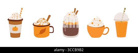 Set aus verschiedenen Herbst- und Wintergetränken Vektor-Illustration. Tasse mit Cappucino, Kürbislatte, heißer Schokolade, Kakao, Smoothie. Zeichentricksymbole in han Stock Vektor