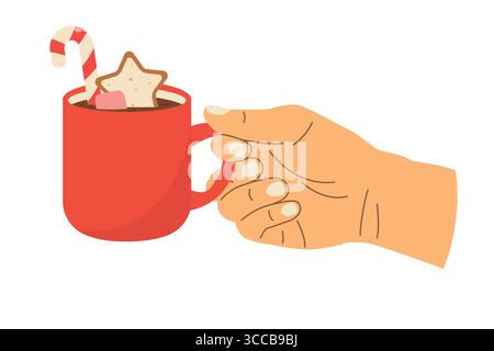 Hand hält Tasse heißen Winter, weihnachtsgetränk; Kakao mit Marshmallows, Lebkuchenkeks und Zuckerrohr - Vektor Illustration Stock Vektor