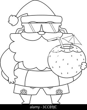 Sommer Santa Claus hält Kokosdrink mit Regenschirm Tube trägt Schwimmer Ring – Schwarz-weiß-Vektor Hand gezeichnete Illustration Stock Vektor