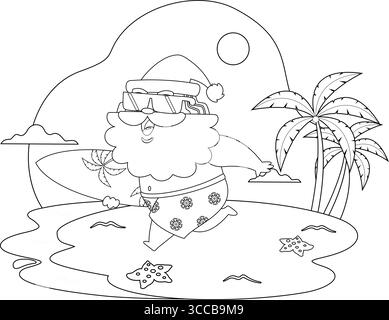 Sommer Santa Claus Cartoon Charakter Running mit Surfbrett auf Beach Island mit Palmen – Schwarz-weiß-Vektor handgezeichnete Illustration Stock Vektor