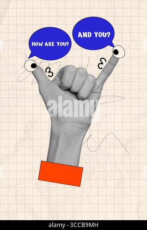 Skizzenbild 3D Pop Banner Collage der menschlichen Hand zeigen shaka Gesten Bubble Kommunikationsaufkleber wie geht es dir und dir Emoji Stockfoto