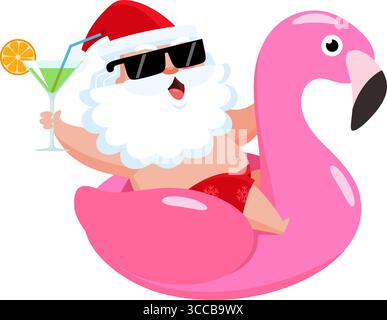 Sommer Santa Claus Entspannen Auf Rosa Flamingo Schwimmen Mit Cocktail – Vektor-Illustration Flaches Design Isoliert Auf Transparentem Hintergrund Stock Vektor