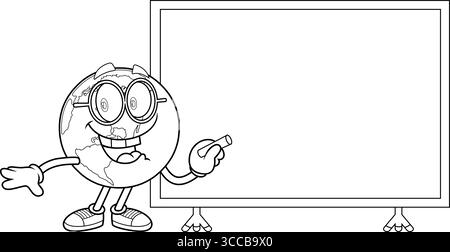 Schule Erde Globe Cartoon Charakter Schreiben auf Whiteboard mit Kreide – Schwarz-weiß Vektor Hand gezeichnete Illustration Stock Vektor