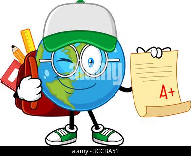 Schule Erde Globe Cartoon Charakter hält A+ Papier Report Karte und Winking – Vektor Hand gezeichnete Illustration isoliert auf transparentem Hintergrund Stock Vektor