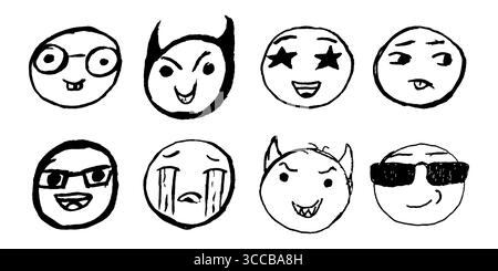 Set von zerkratzten Kinder Emoticons Doodles Hand gezeichnet, Bleistift oder Kreide Zeichnung von verschiedenen Emotionen, Vektor-Illustration Stock Vektor