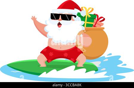 Sommer Santa Claus Surfen Mit Geschenktüte Auf Grünem Surfbrett – Vektor-Illustration Flaches Design Isoliert Auf Transparentem Hintergrund Stock Vektor