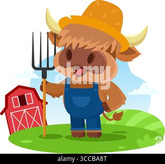 Der niedliche Highland Cow Farmer Cartoon Charakter trägt Einen Rake. Vektordarstellung Flache Konstruktion Isoliert Mit Hintergrund Stock Vektor