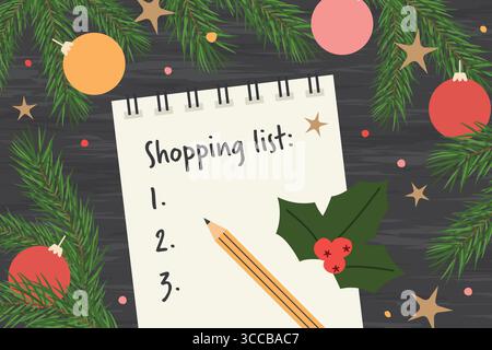 Spiralnotizbuch mit weihnachtseinkaufsliste; weihnachtsplanung -Vektor-Illustration Stock Vektor