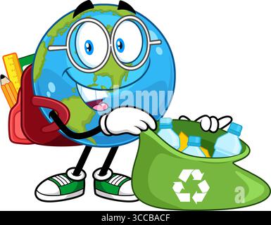 Schule Erde Globe Cartoon Charakter Recycling Plastikflaschen – Vektor Hand Gezeichnete Illustration Isoliert Auf Transparentem Hintergrund Stock Vektor