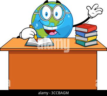 Schule Erde Globe Cartoonfigur Sitzt Am Schreibtisch Schreiben In Notizbuch Und Winken – Vektor Hand Gezeichnete Illustration Stock Vektor