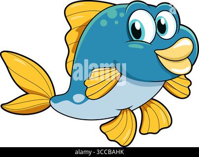 Die Figur Des Cute Fish Cartoon Schwimmt Unter Wasser. Handgezeichnete Vektor-Illustration Isoliert Auf Transparentem Hintergrund Stock Vektor