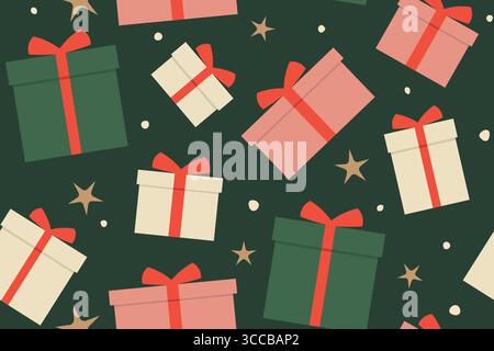 Nahtloses Muster mit bunten weihnachtsgeschenken verziert mit rotem Band - Vektor Illustration Stock Vektor