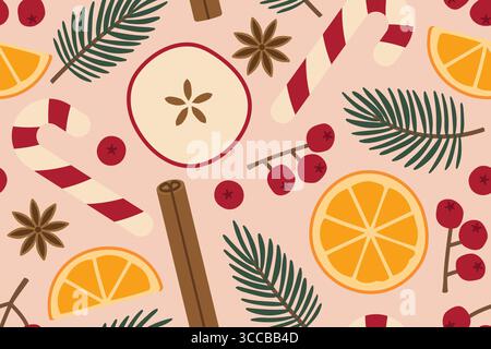 Feiertag, Winter, weihnachten nahtlose Muster mit Zuckerstangen, Orangen- und Apfelscheiben, Zimtrolle, Preiselbeeren, Tannenzweigen und Nelke - Vektor-Kranz Stock Vektor