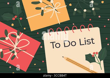 Spiralnotizbuch mit weihnachts-To-do-Liste; Planung von Einkäufen im Winter, Aufgaben -Vektor-Illustration Stock Vektor