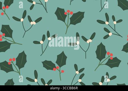 weihnachten, Winter nahtlose Muster mit traditionellen grünen Mistel und stechpalme Beeren Zweigen - Vektor Illustration Stock Vektor