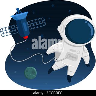 Niedlicher Astronaut-Cartoon-Charakter, Der Im Offenen Raum Mit Der Raumstation Verbunden Ist. Vektordarstellung Flache Konstruktion Isoliert Mit Hintergrund Stock Vektor