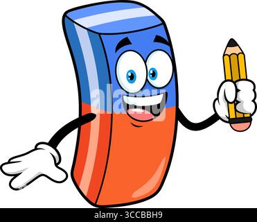 Schulradierer Cartoonfigur Hält Bleistift. Handgezeichnete Vektor-Illustration Isoliert Auf Transparentem Hintergrund Stock Vektor