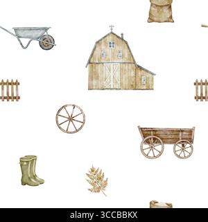 Nahtloses rustikales Aquarellmuster mit Scheune, Wagen und Erntewerkzeugen. Herbsthintergrund mit rustikaler Landschaft für Herbstverpackungen oder Geschenkpapier. Ornament für Erntedesign auf isoliertem Hintergrund. Stockfoto