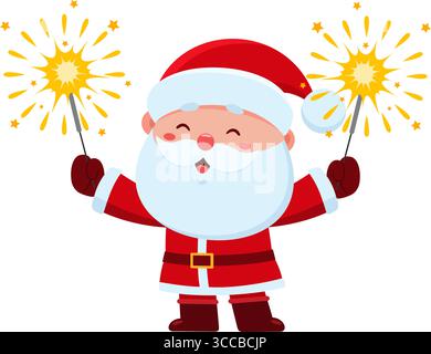 Die süße Weihnachtsmann-Cartoon-Figur hält Einen Funkler. Vektorabbildung Flache Konstruktion Isoliert Auf Transparentem Hintergrund Stock Vektor