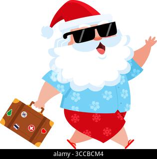 Sommer Santa Claus Cartoon Charakter Läuft Mit Koffer Zu Urlaub. Vektorabbildung Flache Konstruktion Isoliert Auf Transparentem Hintergrund Stock Vektor