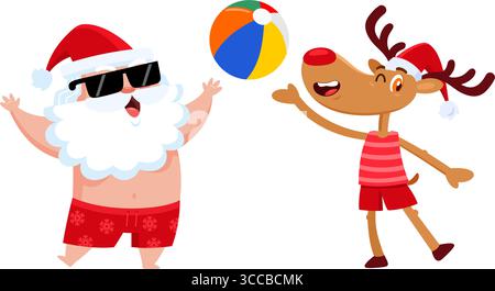 Sommer Santa Claus und Rentier Cartoon Figuren spielen mit Einem Ball am Strand. Vektorabbildung Flache Konstruktion Stock Vektor
