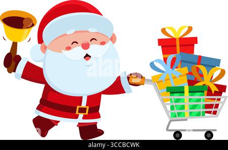 Niedlicher Weihnachtsmann Cartoon Charakter schiebt Warenkorb voller Geschenke und läutet Eine Glocke. Vektorabbildung Flache Konstruktion Stock Vektor