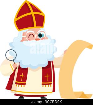 Niedlicher Nikolaus- oder Sinterklaas-Zeichentrickfigur, der Eine Papierrolle mit Weihnachtswünschen liest. Vektorabbildung Flache Konstruktion Stock Vektor