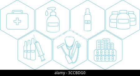 Hexagon Medical Line Symbol Set mit erste-Hilfe-Set, Spritze, Impfampullen, Pillen, Desinfektionsmittel und anderen Umrisssymbolen für Web-Infografiken und Stock Vektor