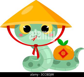 Niedliche chinesische Neujahrs-Schlange-Zeichentrickfigur mit Einer Neujahrsmandarin-Orange. Vektorabbildung Flache Konstruktion Isoliert Auf Transparentem Hintergrund Stock Vektor