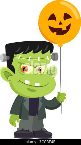 Niedliche Halloween-Frankenstein-Cartoon-Figur, die Einen Totenkopf-Gesichtsballon hält. Vektorabbildung Flache Konstruktion Isoliert Auf Transparentem Hintergrund Stock Vektor
