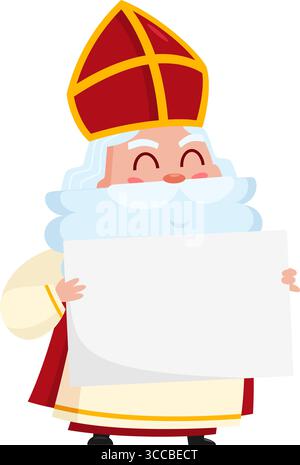Niedliche Figur des Heiligen Nikolaus oder Sinterklaas, die Ein leeres Schild hält. Vektorabbildung Flache Konstruktion Stock Vektor
