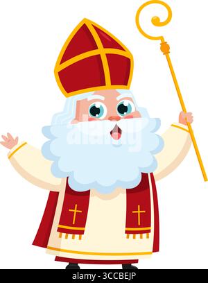 Niedlicher Nikolaus- oder Sinterklaas-Zeichentrickcharakter, der Ein Zepter hält und zur Begrüßung winkt. Vektorabbildung Flache Konstruktion Stock Vektor