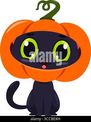 Niedliche schwarze Katze Cartoon Figur mit Halloween Kürbis Maske. Vektorabbildung Flache Konstruktion Isoliert Auf Transparentem Hintergrund Stock Vektor