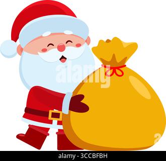 Niedliche Weihnachtsmann-Cartoon-Figur mit Einem Sack voller Geschenke. Vektorabbildung Flache Konstruktion Isoliert Auf Transparentem Hintergrund Stock Vektor