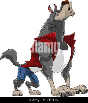 Unheimliche Wolfman Werwolf-Zeichentrickfigur Heulend. Handgezeichnete Vektor-Illustration Isoliert Auf Transparentem Hintergrund Stock Vektor