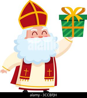 Niedlicher Nikolaus- oder Sinterklaas-Charakter, der Eine Geschenkbox hochhält. Vektorabbildung Flache Konstruktion Isoliert Auf Transparentem Hintergrund Stock Vektor