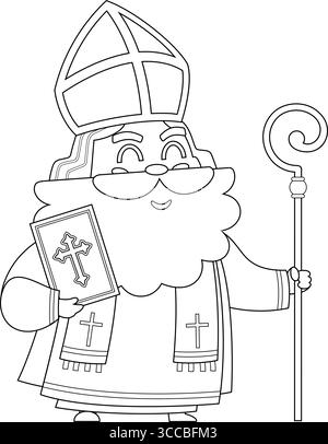 Umrissene niedliche Nikolaus- oder Sinterklaas-Figur mit Bibel und Zepter. Handgezeichnete Vektor-Illustration Isoliert Auf Transparentem Hintergrund Stock Vektor